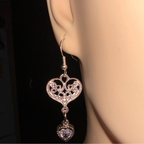 Victorian Heart with Cubic zirconia Heart Wire Hook Earrings in Silvertone - Picture 2 of 5